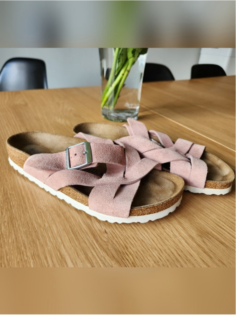 Birkenstock Lugano Soft Footbed Sandals Size 38 Pink Leather Suede Comfortable - Picture 3 of 8